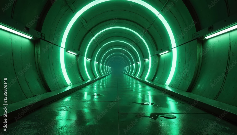 Poster futuristic tunnel with emerald neon lighting. modern design with glowing rings, creating futuristic 