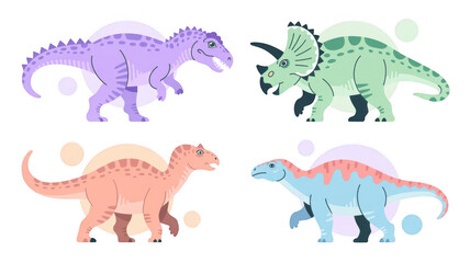 Four vibrant dinosaurs from various species walking against a transparent background, ideal for enhancing educational materials or adding a prehistoric touch to creative projects
