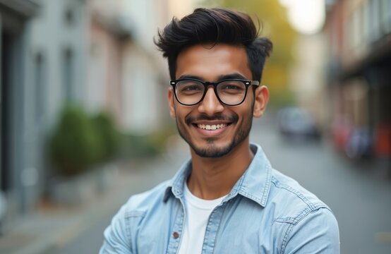 Portrait of young Indian man with stylish eyeglasses stands on street. Handsome asian model smiles, looking at camera. Confident, happy guy in casual attire in urban environment.