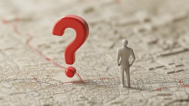 A person stands on a detailed map with a large question mark symbolizing exploration and uncertainty