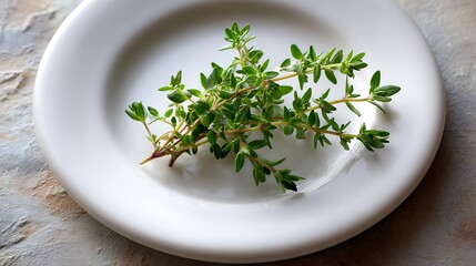 Fresh Thyme Sprigs on a White Plate