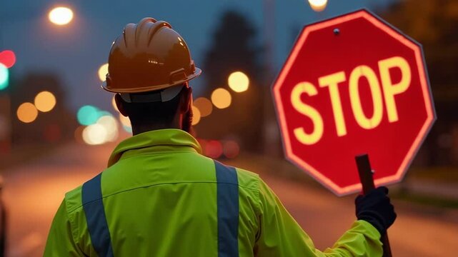 Safety worker holding stop sign at night. Person in bright safety vest and hard hat directs traffic. Stop sign at night, ensuring road safety.