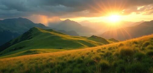 Picturesque mountain landscape summer sunset. Green grassy meadows rolling hills distant peaks under rainbow. Evening light creates magical atmosphere. Nature scenery for travel, tourism, vacation.