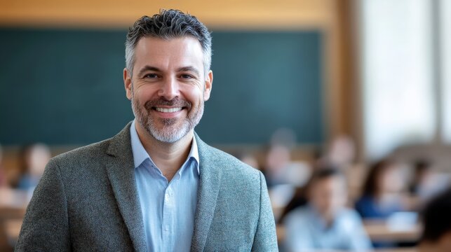 Smiling middle-aged man with gray hair in a classroom setting. Students are blurred in the background, creating an educational atmosphere.