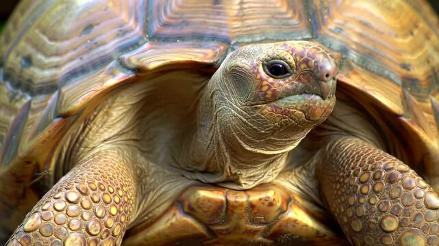 A large tortoise with a textured shell is seen up close