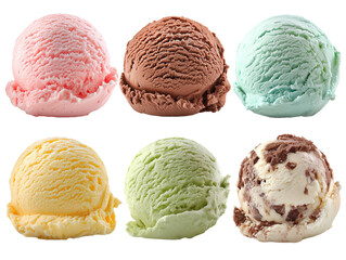 six ice cream scoops different flavors on transparent background