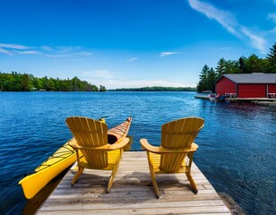 two adirondack chairs sit on a wooden dock overlooking a blue muskoka lake in canada life jacket and paddles hang from one chair a yellow canoe is tied to the pier a boathouse stands nearby