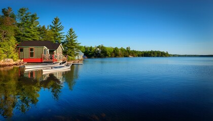 Obraz premium a serene summer morning in muskoka ontario calm blue waters canoes gliding along the shore and cottage cabins reflect the peaceful charm of canadars cottage country copy space
