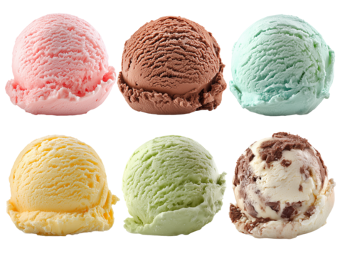 six ice cream scoops different flavors on transparent background
