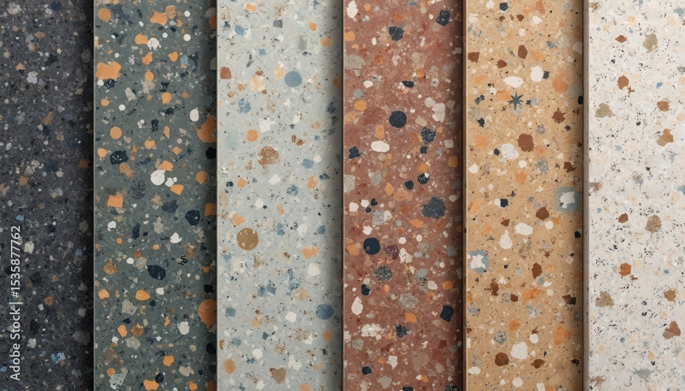 Poster Diverse terrazzo tile samples showcase various colors patterns. Illustration material surface background for interior design, architecture. Collection of stone chips composite. Great choice for home
