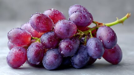 Fresh Purple Grapes with Water Droplets on a Gray Surface