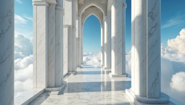 Heavenly architecture with white marble columns above clouds, serene sky, bright sunny day. Greek temple or palace design, aethereal, divine, spiritual, religious, faith, hope, beauty, elegance.