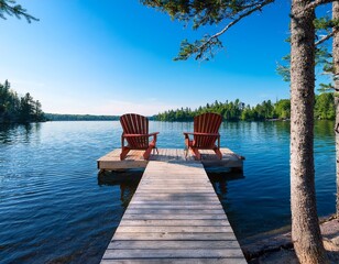 Naklejka premium two adirondack chairs grace a wooden dock on a sunny summer morning in muskoka ontario canada overlooking the tranquil lake a lone cottage peeks through the trees on the opposite shore