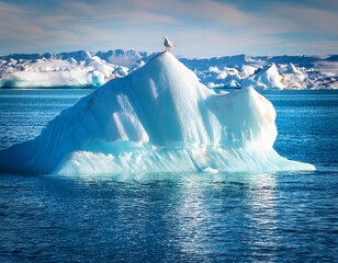 giant floating iceberg with a seagull sitting on the top in ilulissat icefjord in greenland