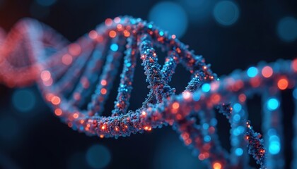 DNA spiral structure rendered with neon colors. Illuminated double helix genetic code biotechnology innovation. Concept of science, health, medicine, future, artificial intelligence, genomics, gene