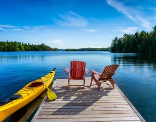 Obraz premium two adirondack chairs on a wooden dock overlook the blue waters of a muskoka lake a life jacket and paddles hang from one chair while a bright yellow canoe is tied to the dock long exposure