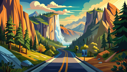 Fototapeta premium California: la strada e la vista del Parco nazionale dello Yosemite Lo Yosemite National Park è noto per le sue scogliere di granito, le cascate e i boschi di Very beautiful