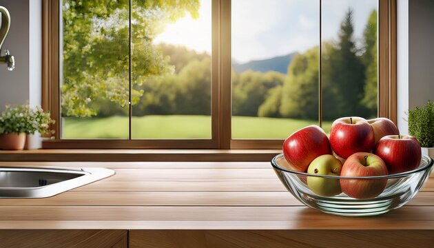 Fototapeta a glass plate with apples on wooden counter with integrated sink under roof window with garden view