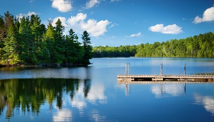 Obraz premium a summer day with a calm blue lake and a wooden dock in the foreground in algonquin provincial park ontario canada the water reflects the clear sky surrounded by lush green trees along the shore