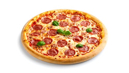 Round pizza with pepperoni, cheese, and basil