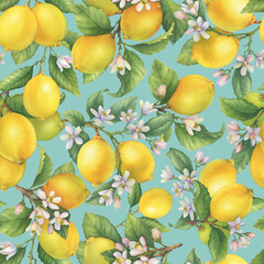 Seamless pattern, wallpaper with fresh citrus yellow lemons fruit. Lemon tree branch with green leaves and flower. Watercolor hand-drawn illustration on blue background