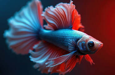 Fototapeta premium Abstract close-up of Siamese fighting fish. Half moon betta fish with blue, red tones. Vibrant artwork shows detailed scales and fins with dynamic motion, for background, wallpaper.
