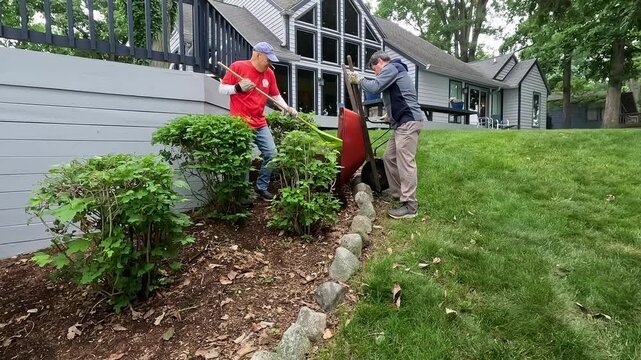 Two mature men work together to unload mulch from a wheelbarrow to be used in backyard landscaping. They are dressed casually. A beautiful home and yard are in the background of view.