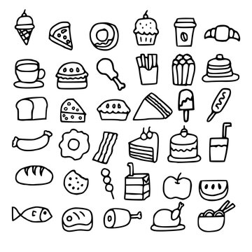 Set of hand drawn food ingredient and drink doodles.Cafe, bakery, meat, fruit and fast food.Kitchen or restaurant.Street food.Sign, symbol, icon or logo.Flat design.Graphic.Vector illustration.