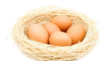 Close-up of Five Brown Eggs Nestled in a Straw Nest on White