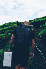 Back view of male tourist with travel backpack go up in green mountain with tea plantation during...