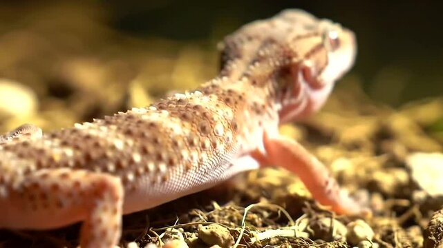 Closeup view of a small brown gecko with spots, resting on the ground