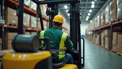 Warehouse worker operating forklift truck, stacks boxes. Man in safety hard hat works at storage facility. Logistics, distribution, supply chain concept. Industrial interior with shelves, goods.