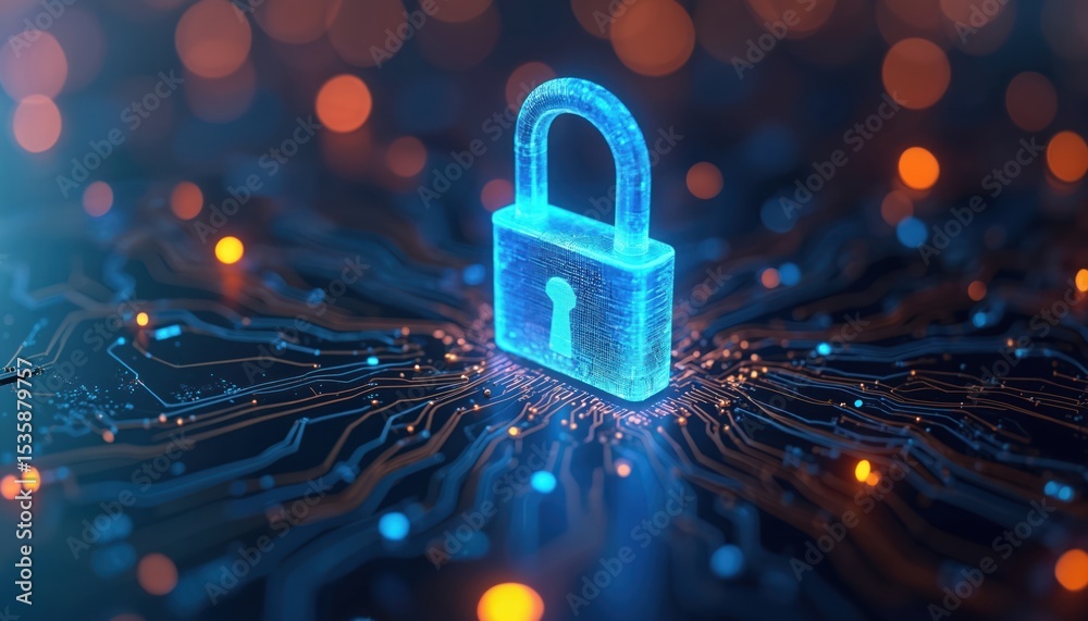 Poster Digital lock glowing over circuit board represents data protection in cybersecurity. Encryption system, information safety concept. Cyber security, network data, digital privacy, server protection,