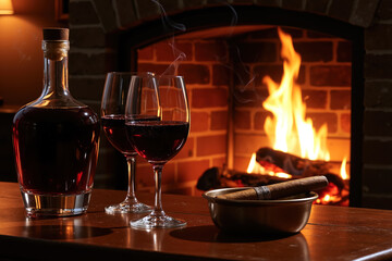A bottle of liquor and two wine glasses on a wooden table, with a lit fireplace in the background and an ashtray containing a cigar.