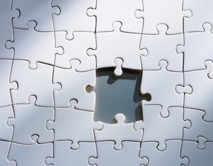 Fototapeta premium white puzzle mystery the missing piece reveals a reflective secret