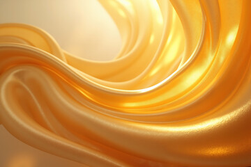 A golden fabric flows in a swirling pattern, with light reflecting off its shiny surface, creating a sense of movement and elegance.