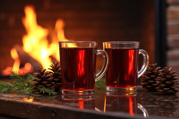 Two clear mugs filled with a dark red liquid, surrounded by pinecones and evergreen branches, sitting on a wooden surface in front of a lit fireplace.