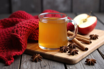 A warm drink in a clear glass mug on a wooden board, surrounded by cinnamon sticks and star anise, with a red knitted cloth and a cut apple in the background.