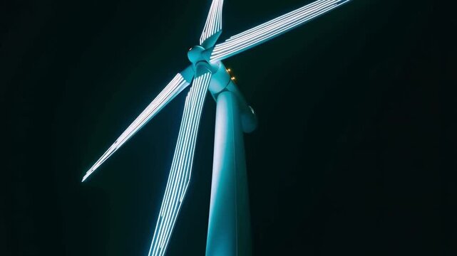 A modern windmill glows with blue light against a dark night sky, its blades illuminated with bright lines