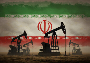 Iranian oil production and economy concept with oil pumps and the flag of iran background illustration