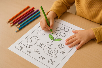 Creative Child's Coloring: A young artist meticulously colors a charming illustration with colored pencils on a sheet of paper. This scene captures the joy and focus of creative expression.