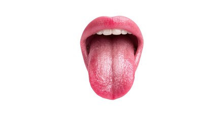 Open mouth revealing glossy pink lips, displaying a slightly red and dry tongue alongside white teeth, set against a transparent background for a clinical focus on oral health