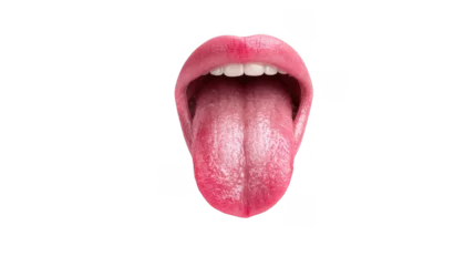 Selbstklebende Fototapeten Open mouth revealing glossy pink lips, displaying a slightly red and dry tongue alongside white teeth, set against a transparent background for a clinical focus on oral health © Justlight
