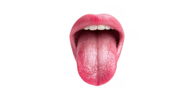 Open mouth revealing glossy pink lips, displaying a slightly red and dry tongue alongside white teeth, set against a transparent background for a clinical focus on oral health