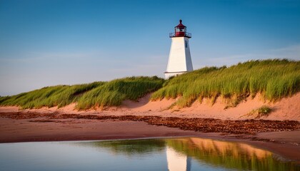 view of the lighthouse in st peter harbour prince edward island canada standing on sand dunes covered with green grass reflecting on the water