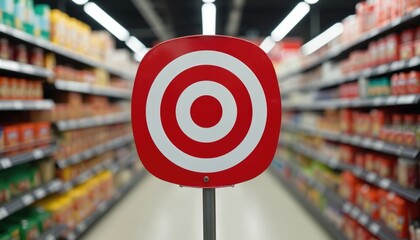 Red target sign placed in grocery store aisle filled with various product displays. Shopping concept, marking sales, consumerism, discount, supermarket, shopping, retail. Modern commerce visual.