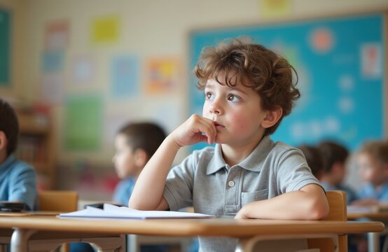 Elementary school student sits at desk thinking. Thoughtful boy in class, concentrating on math problem, with serious expression. Primary school, education, back to school concept, kids learning.