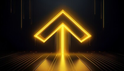 futuristic abstract background neon glowing yellow arrow pointer on black background glowing light sign neon arrow illustration