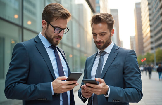 Two businessmen in suits use mobile phones outdoors. Colleagues work in city. People hold smartphones for business work, online communication. Typing texting apps, modern technology, startup.