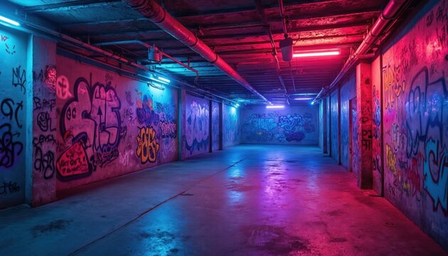 Urban underground club space covered in graffiti art, illuminated with vibrant neon lights. Empty room for rave parties, music events. Modern interior decor with colourful lighting effects creating